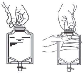 To remove the vial port cover, grasp the tab on the pull ring, pull up to break the three tie strings, then pull back to remove the cover (SEE FIGURE 3). Screw the vial into the vial port until it will go no further. THE VIAL MUST BE SCREWED IN TIGHTLY TO ASSURE A SEAL. This occurs approximately 1/2 turn (180°) after the first audible click (SEE FIGURE 4).