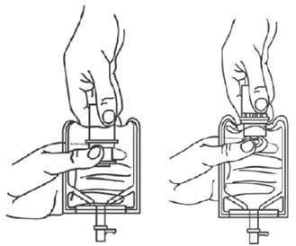 With the other hand, push the drug vial down into the container telescoping the walls of the container. Grasp the inner cap of the vial through the walls of the container (SEE FIGURE 5). Pull the inner cap from the drug vial (SEE FIGURE 6).